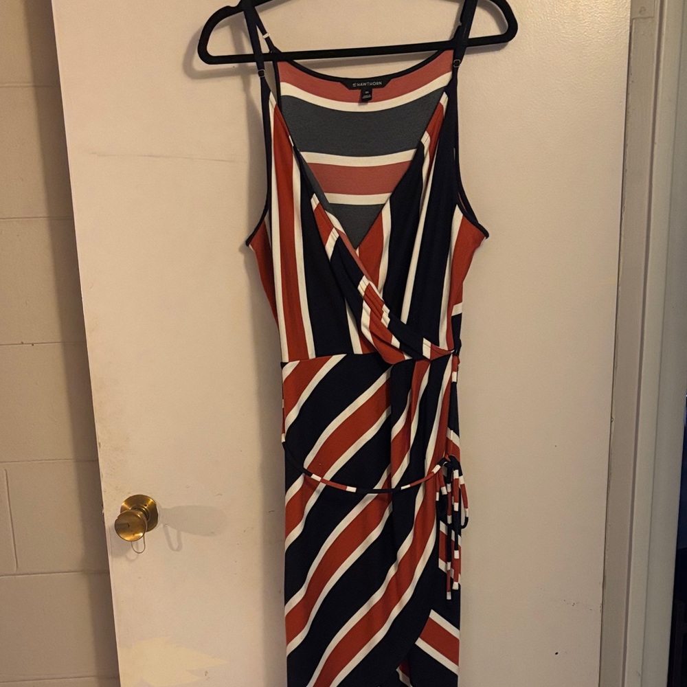 41 Hawthorn/Stitchfix Asymmetrical Stripe Wrap Dress Navy, Cream, Rust